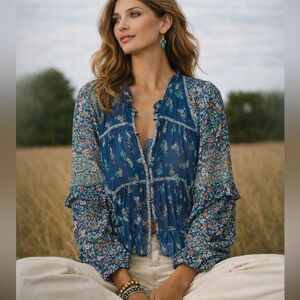 Anthropologie Blue Sheer Floral Babydoll Ruffle Blouse Size Large
